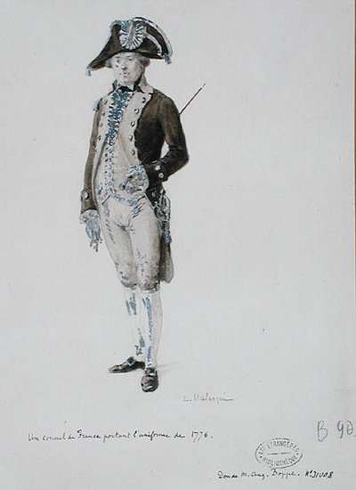 1776年の制服を着たフランス領事（紙にペン、ウォッシュ） 作： L. Malespine