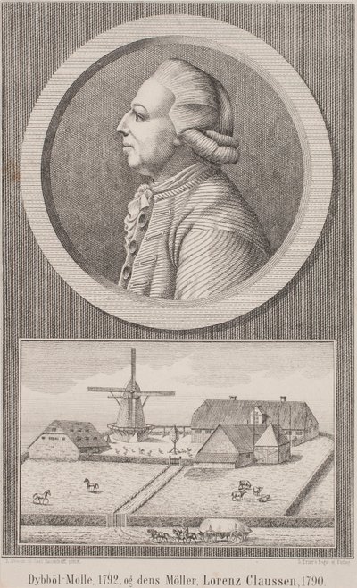 Dybbøl 製粉所 (1792 年) とその製粉業者 Lorenz Claussen (1790 年) 作： L. Nissen