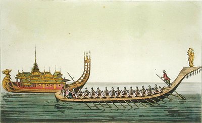 ビルマ船（1820年代〜30年代に出版されたジュリオ・フェラリオ著「Le Costume Ancien et Moderne」の図版（カラーエングレービング）。 作： L. Rossi