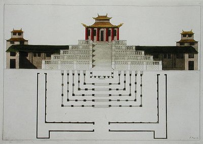 道教寺院とパビリオンの平面図、ジュール・フェラリオ著「Le Costume Ancien et Moderne」（1820年代〜30年代に出版）のプレート10（カラーリトグラフ）。 作： L. Rossi