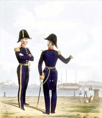 マスターズ、「Costume of the Royal Navy and Marines（英国海軍と海兵隊の衣装）」のプレート10、1830年から37年頃にアーティストによって彫られた（カラーリトグラフ）。 作： L. and Eschauzier St. Mansion