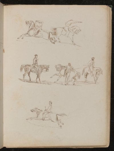 様々なポーズの男性騎手を乗せた馬の習作6点、ピストルを構えた馬の習作1点（ペンとインク 作： Lady  Butler