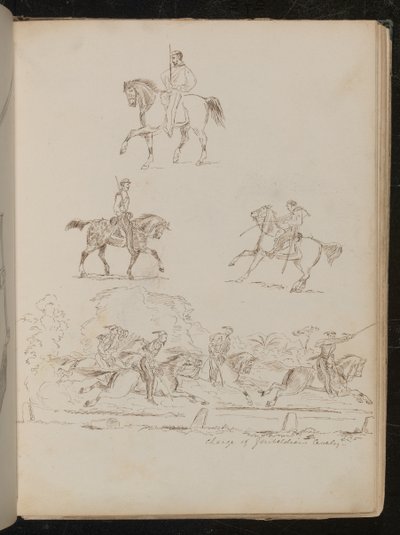 馬に乗った兵士の習作、群像には「Charge of Garibaldian Cavalry」の銘がある（ペンとインク 作： Lady  Butler