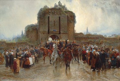 正面に：1888-89年の宣戦布告でブルターニュの都市を去ったフランス騎兵 作： Lady Butler