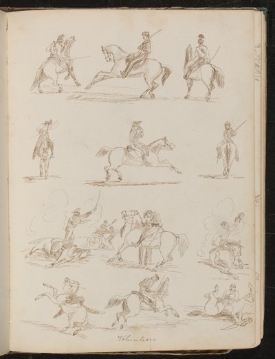 「ボランティア」と刻まれた12のペン研究、6人の兵士が馬に乗って、6人の兵士が馬に乗って戦闘に参加 作： Lady Butler