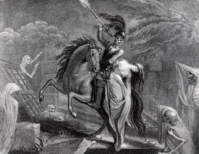 死と共にあるレノーレ、ゴットフリート・アウグストゥス・バーガー（1747-1794）の詩「レノーレ」の挿絵、ダイアナ・ボークラーク（1734-1808）がハーディング・ポール・モール社から出版された1796年版のために描いたもの。 作： Lady Diana Beauclerk