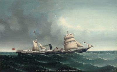 帆と蒸気の下でインドシナ蒸気船ライトニング、1892 作： Lai Fong