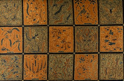 インドネシア、ジャワ島、スラカルタの伝統的なチェック柄のバティック ,詳細 作： Amadeo (after) Modigliani