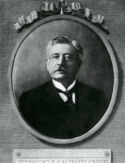 イタリアの物理学者・発明家、テミストクル・カルゼッキ・オネスティ（1853-1922）の肖像、写真をもとにした銅版画 作： Amadeo (after) Modigliani