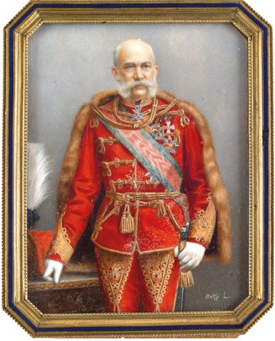 ハンガリーの制服を着たオーストリアのフランソワ・ヨーゼフ1世（1830-1916）の肖像。 Lajos Osko (1865-1922) の作品、ホーンに水彩とグワッシュ。 ハンガリーの芸術、学術芸術。 プライベートコレクション。 作： Lajos Osko