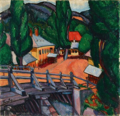 Tihanyi, Lajos（1885-1938）の「Paysage avec un pont - Landscape with a bridge（橋のある風景）」。油彩・キャンバス 作： Lajos Tihanyi