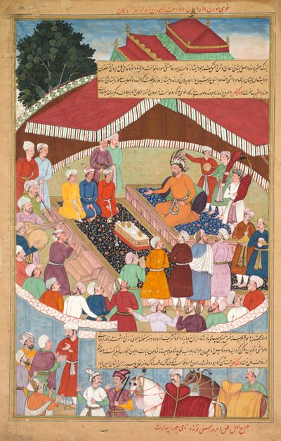 Jami al-tavarikh (年代記の大要) の Chingiz-nama (チンギス・カーンの本) から、アミールと王子に饗宴を与え、恩恵を与えるフラグ・ハーン 作： Lal