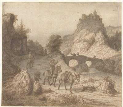 城と人物がいる山の風景 作： Lambert Doomer