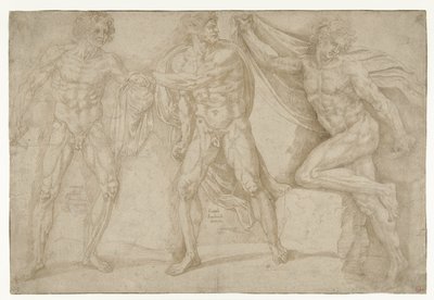 さまざまなポーズで裸の 3 人の男性 作： Lambert Lombard