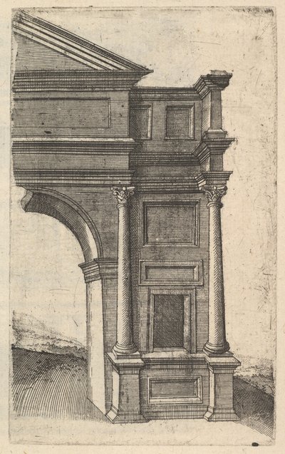シリーズ「Ruinarum variarum fabricarum delineatione...」のアーチ [Porta Antonae] の半分、1554 年。 作： Lambert Suavius