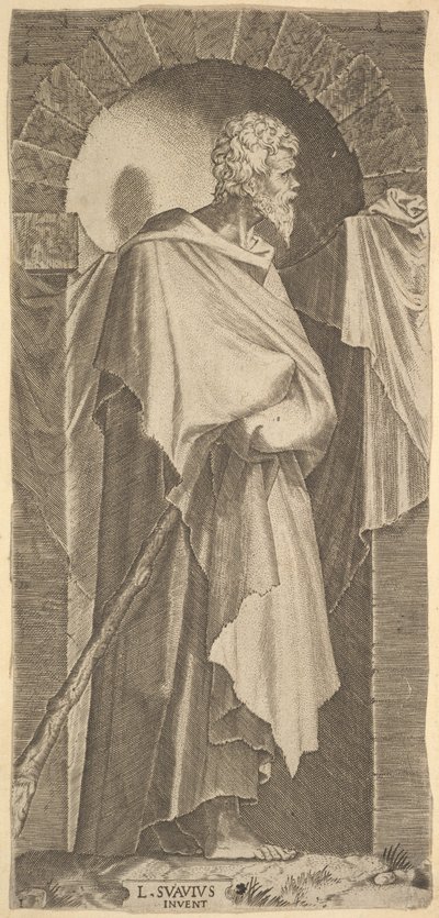 アーチ型の壁龕にいるセント ジェームス マイナー。手にステッキを持っている。1545 年頃。 作： Lambert Suavius