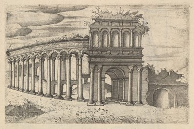 ボルドーの円形劇場 [Teatrum Bordeos, Transitorium Caesaris]、シリーズ「Ru...」より、1554 年。 作： Lambert Suavius