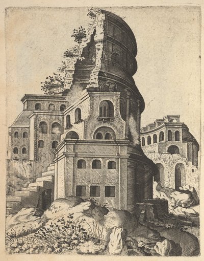 シリーズ「Ruinar...」からのヴィーナスとローマの神殿の遺跡のある垂直の風景、1554年。 作： Lambert Suavius