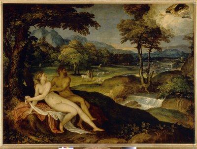木星とイオ。 Lambert Sustris (1515 年または 1520 年 - 1591 年以降) による絵画、キャンバスに油彩、1558 年から 1563 年の間。イタリア美術 (ヴェネツィア) 作： Lambert Sustris