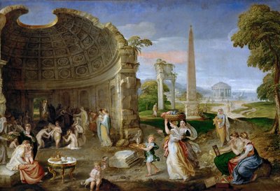 アンティークな廃墟と水浴びする女性たちのいる風景 - Lambert Sustris (Alberto de Olanda) (1515/20-1591年以降).キャンバスに油彩、約1552-1553年。サイズ：101x150cmヴィエンヌ美術史博物館 作： Lambert Sustris