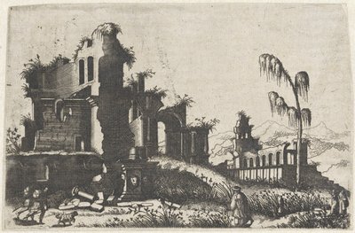 Landschap met bekrövde ruïnes en Travelers 画家や同種の芸術家にとって非常に有用な、さまざまなメーカーの遺跡の図面 (シリーズ タイトル) 作： Lambertus Suavius