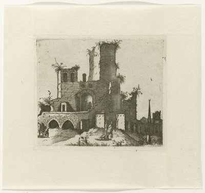 Ruïne met rechthoekige toren 画家や同種のアーティストにとって非常に有用な、さまざまなメーカーの廃墟の図面 (シリーズ タイトル) 作： Lambertus Suavius