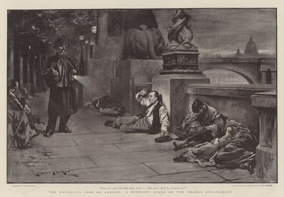 Houseless Poor of London、テムズ川堤防の真夜中のシーン 作： Lance Calkin