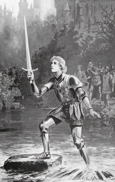 ガラハドはいとも簡単に剣を振り上げた（リトグラフ） 作： Lancelot Speed