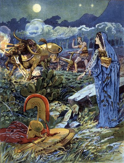 火星の畑を耕すメデアに助けられたジェイソン, c. 1900年（イラスト） 作： Lancelot Speed