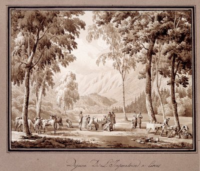 1810年、セルヴォスでのジョゼフィーヌ・ド・ボーアルネの朝食。テオドール・ターピン・デ・クリッセ（1782-1859）によるデッサン 作： Lancelot Théodore Turpin de Crissé de Crissé