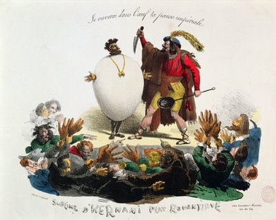 「ヘルナニ崇高、ロマンチックな料理」、ヘルナニの風刺画、ビクター・ユーゴー（1802-85）c.1830（162741も参照） 作： Langlume