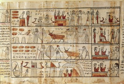 農業シーン、ツェコンの死者の書（パピルス）の詳細 作： Late Period Egyptian