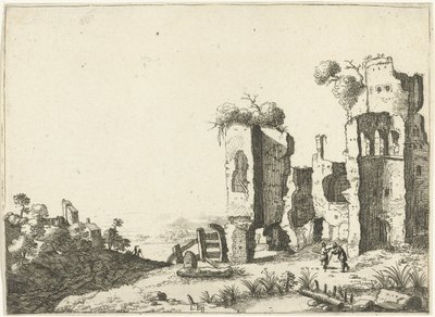 廃墟の前で棒にもたれる男 古代ローマの建物のある風景（シリーズタイトル） 作： Laurens Barata
