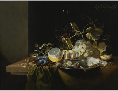 ヘーゼルナッツ、ブドウ、牡蠣などの静物画。 作： Laurens Craen