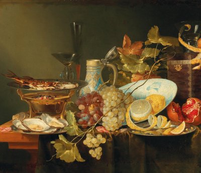 果物の静物、中国磁器の鉢、ストーブの上の魚 作： Laurens Craen