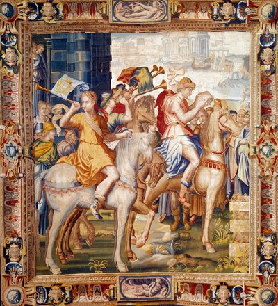 ヘラウツ・ライディング。アルテミスの歴史」のカーテン。ローラン・ギュイオ（1756-1806）とアンリ・ルランベール（1540/1550-1608年頃）がフォーブル・サンマルセル（1601-vers1670）の工房で製作した羊毛と絹のタペストリー。17世紀パリ、国民的家具 作： Laurent Guyot