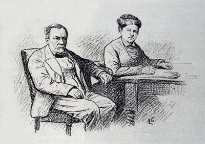 妻マリー・ローランとの関係を口述するフランスの化学者・物理学者、ルイ・パスツール（1822-1895）の肖像。スケッチはLucien Laurent-Gsell（Laurent Gsell）（1860-1944）。DR 作： Laurent Lucien Gsell