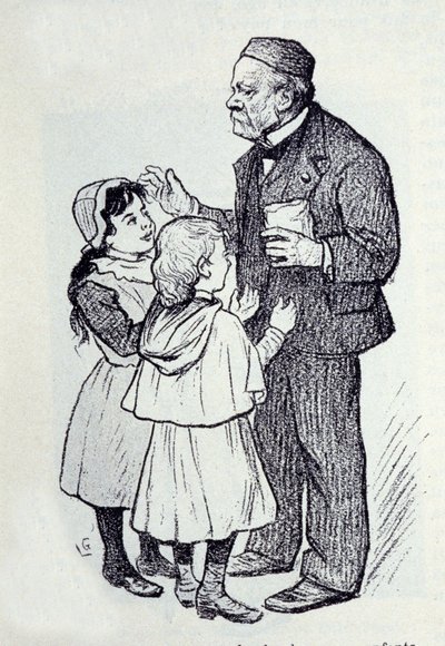 研究所の子供たちにお菓子をあげるフランスの化学者・物理学者、ルイ・パスツール（1822-1895）の肖像。スケッチはLucien Laurent-Gsell (Laurent Gsell) (1860-1944)によるもの。DR 作： Laurent Lucien Gsell