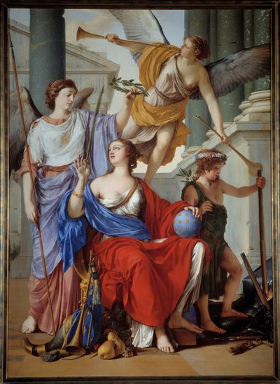 アンネ・オブ・オーストリア（1601-1666）の摂政のアレゴリー レジェントの周りには、レネームと平和のアレゴリーが描かれています。その背景には、三十年戦争でフランスが勝利から平和を得たこと、1648年のウェストファリア条約のアレゴリーがあります。による絵画 作： Laurent de la Hyre