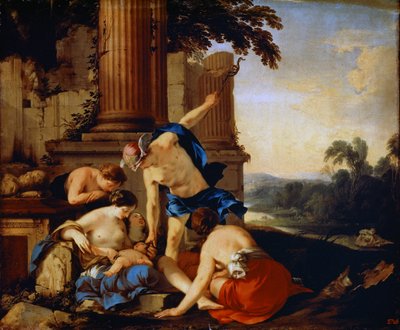 子バッカスをニーサのニンフに贈る水銀、1638年。 作： Laurent de la Hyre