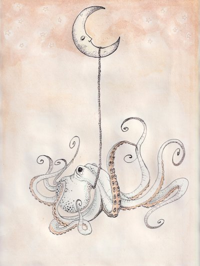 おやすみタコ、2025年（水彩、インク、水彩紙） 作： Laurie Michaels