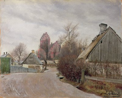 Gade i Hoje Taastrup（コテージと背の高い教会がある田舎道） 1911年 作： Laurits Andersen Ring