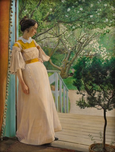 お庭の玄関に。 アーティストの妻、1897 年。 作： Laurits Andersen Ring