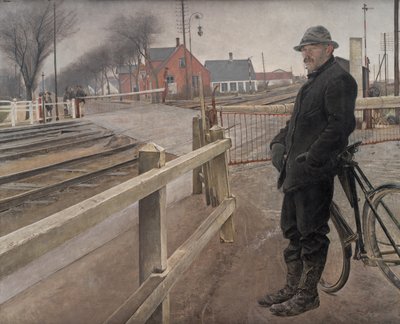 電車を待っています。 ロスキレ ハイウェイの踏切、1914 年。 作： Laurits Andersen Ring