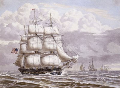 航海中のアメリカのフリゲート艦、その他の船積み、1832年 作： Lauritz Rasmus Lyngbye