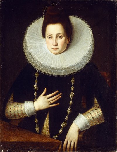 ハーフレングスの女性の肖像画。白い衣装の黒い衣装を着ています。 作： Lavinia Fontana