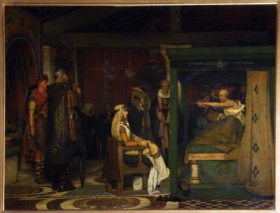 フレデグンド (545-597 年頃)、ネウストリアの女王、彼の死の床でルーアンのプレテキスタット司教 (586 年に死亡) を訪問 (フレデグンドは死の床でプレテキスタトゥス司教を訪問) - ローレンス アルマ タデマ卿 (アルマ タデマ) による絵画 (1836-1912) 、木に油彩 作： Lawrence Alma Tadema