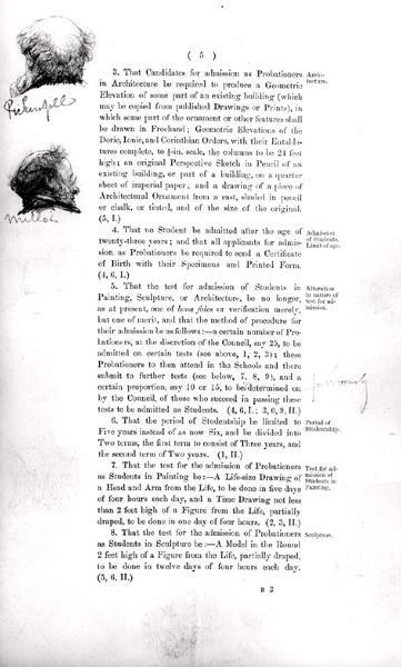 ロイヤル・アカデミー・オブ・アーツ 3月10日の総会で選出された特別委員会の報告書」の余白に描かれた委員のスケッチ 作： Lawrence Alma Tadema