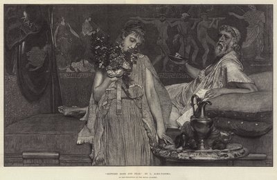 王立アカデミーの展覧会で、希望と恐怖の狭間で 作： Lawrence Alma Tadema