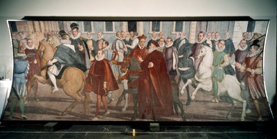 1574年、ジュネスの街でフランチェスコ・パチェコ枢機卿を案内するドージェ・ジャコモ・ドゥラッツォ・グリマルディ（フレスコ画）。 作： Lazzaro Tavarone